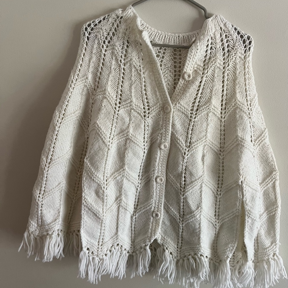 Handmade White Knit Poncho with Fringe